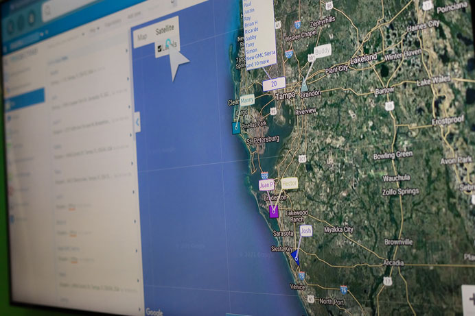 Satellite map of the local service area on a computer screen