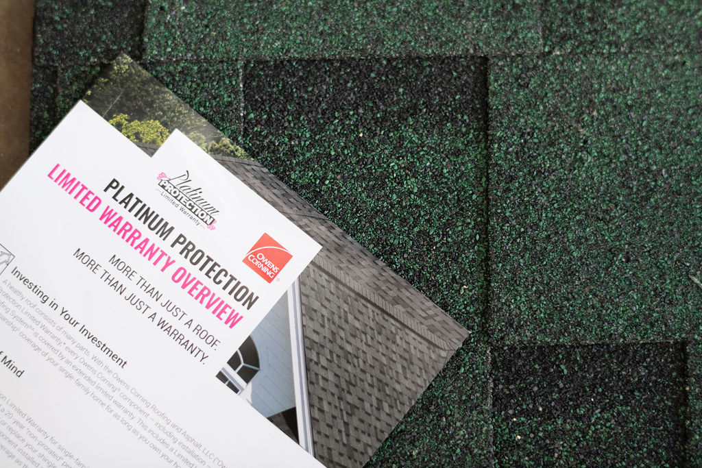 green shingles with Owens Corning Platinum Protection Limited Warranty Overview documentation