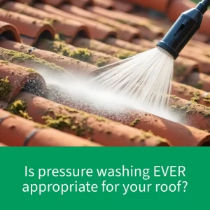 Pressure washer on tile roof covered in moss with caption: "Is pressure washing EVER appropriate for your roof?"