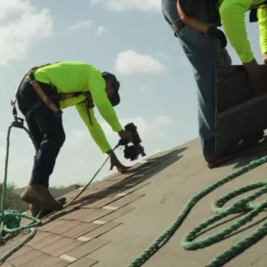Westfall roof technicians installing shingles with a shingle nailing gun.